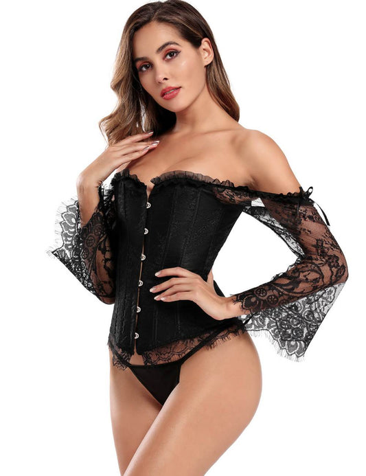 12 Pieces Plastic Bones Sexy Lace Sleeves Stitching Red Corset